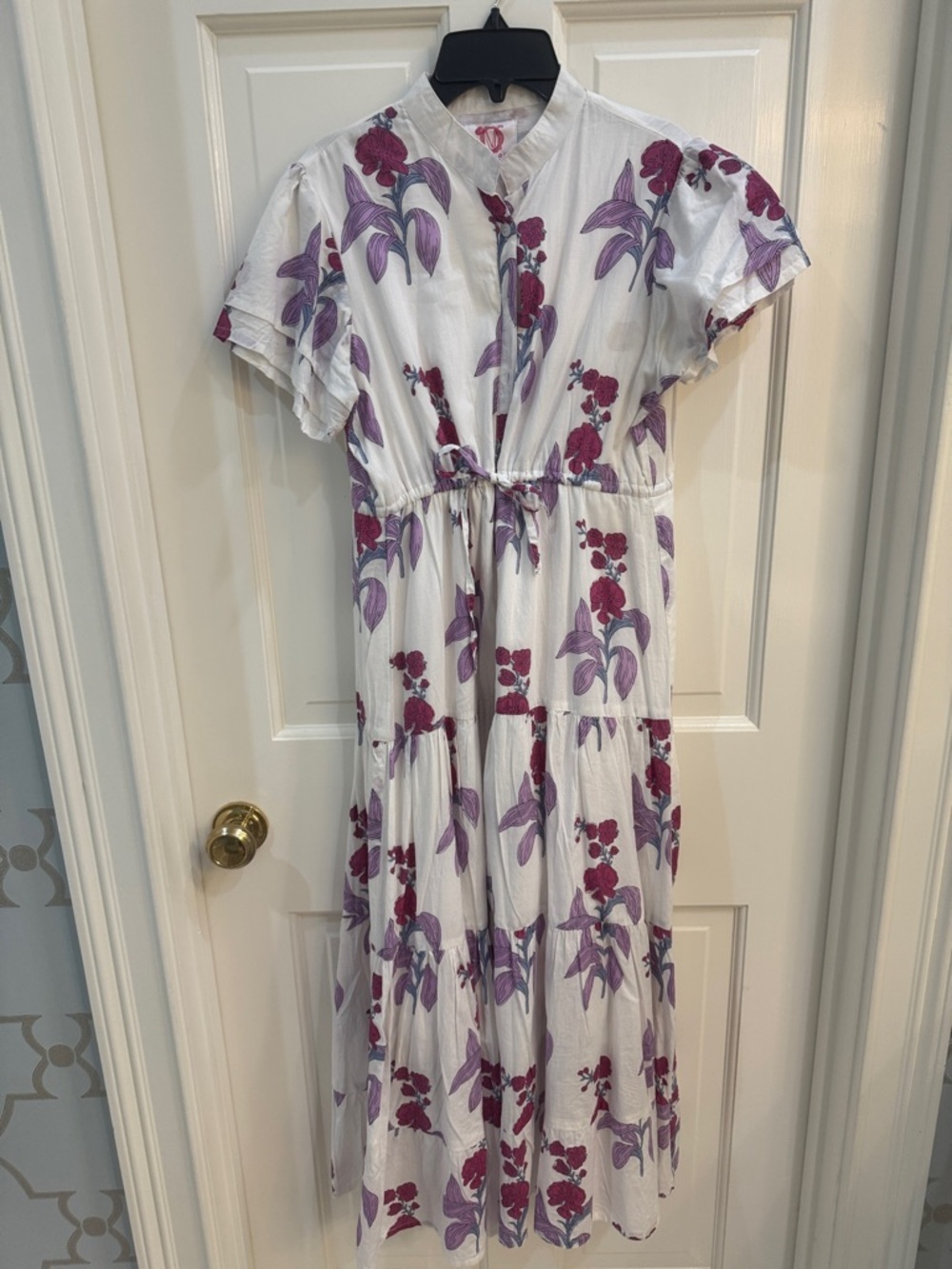 Victoria Dunn White Maxi Dress with Purple and Magenta Floral Print